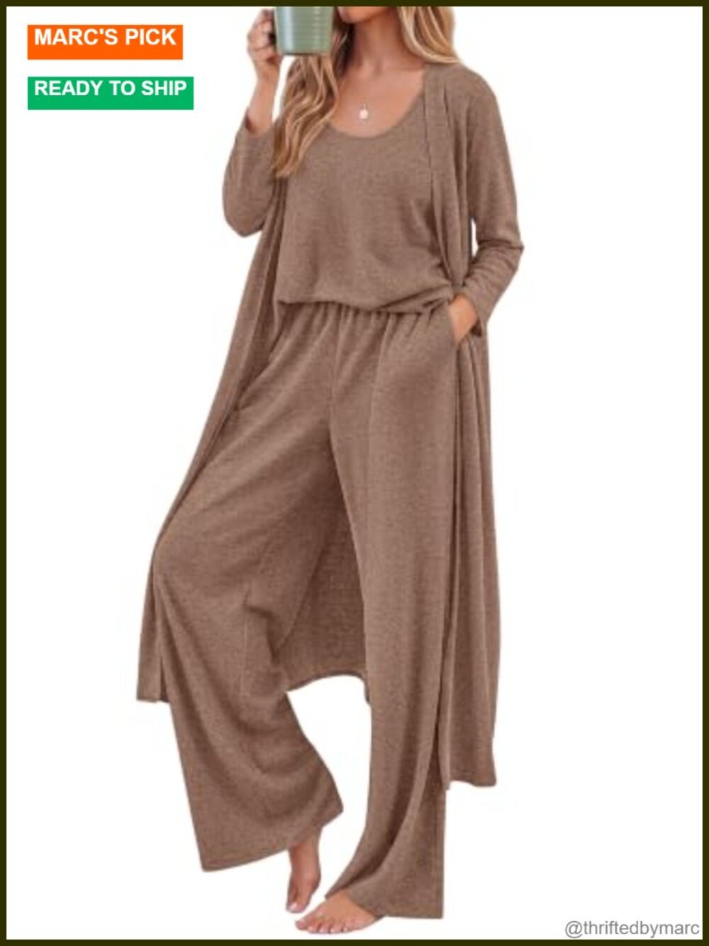 3 Piece Lounge Set Wide Leg Pants Cardigan Tank Top Travel Outfit
